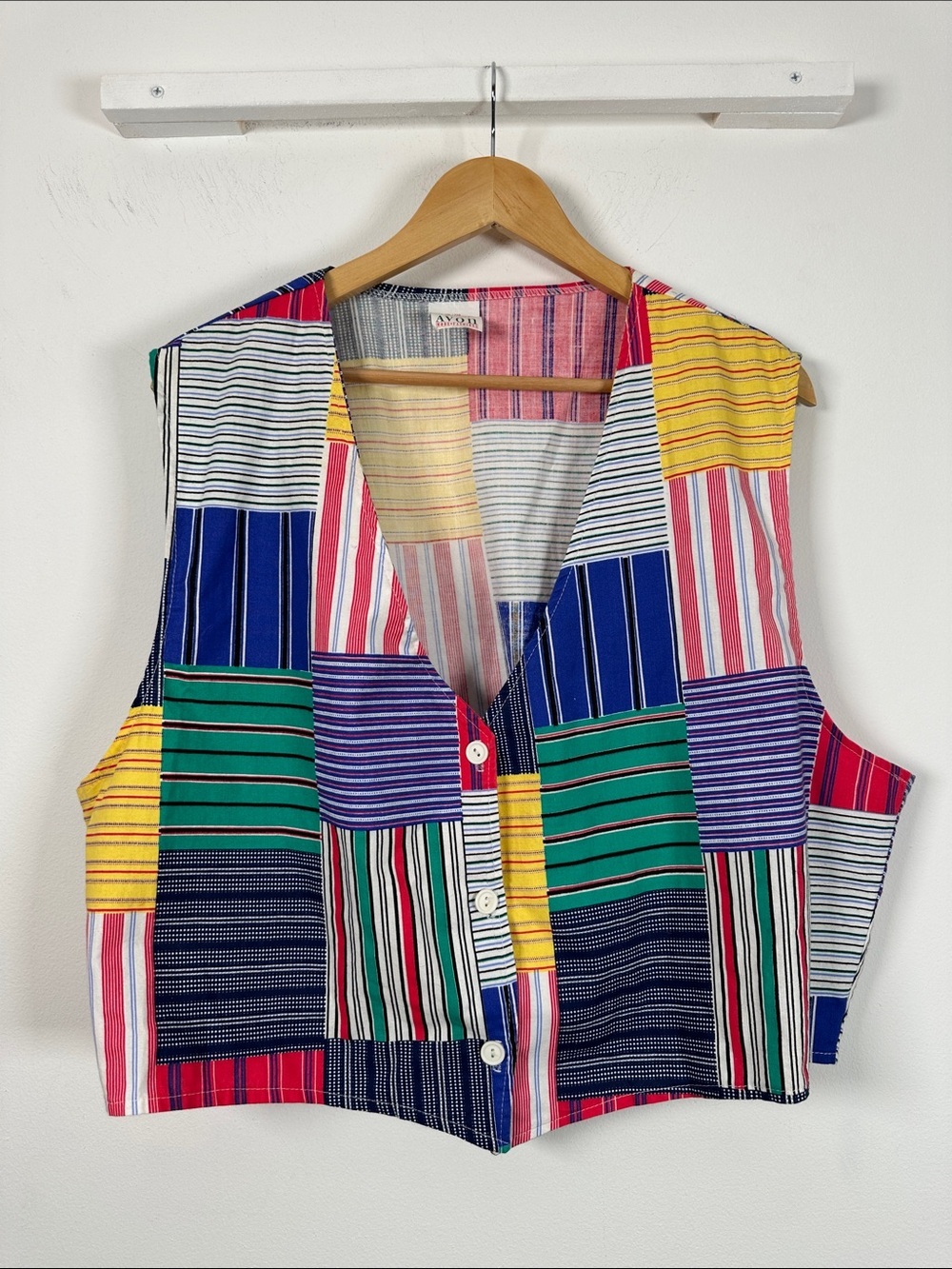 Avon Patchwork Print Stripe Vest Made in Canada Vintage Cotton XXL 90s